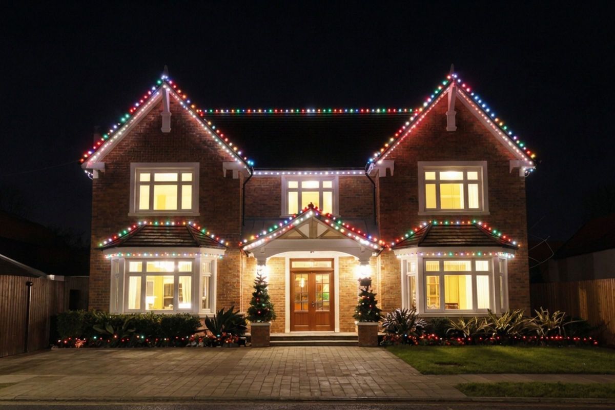 A detached house with multi-coloured roofline Christmas lights at night