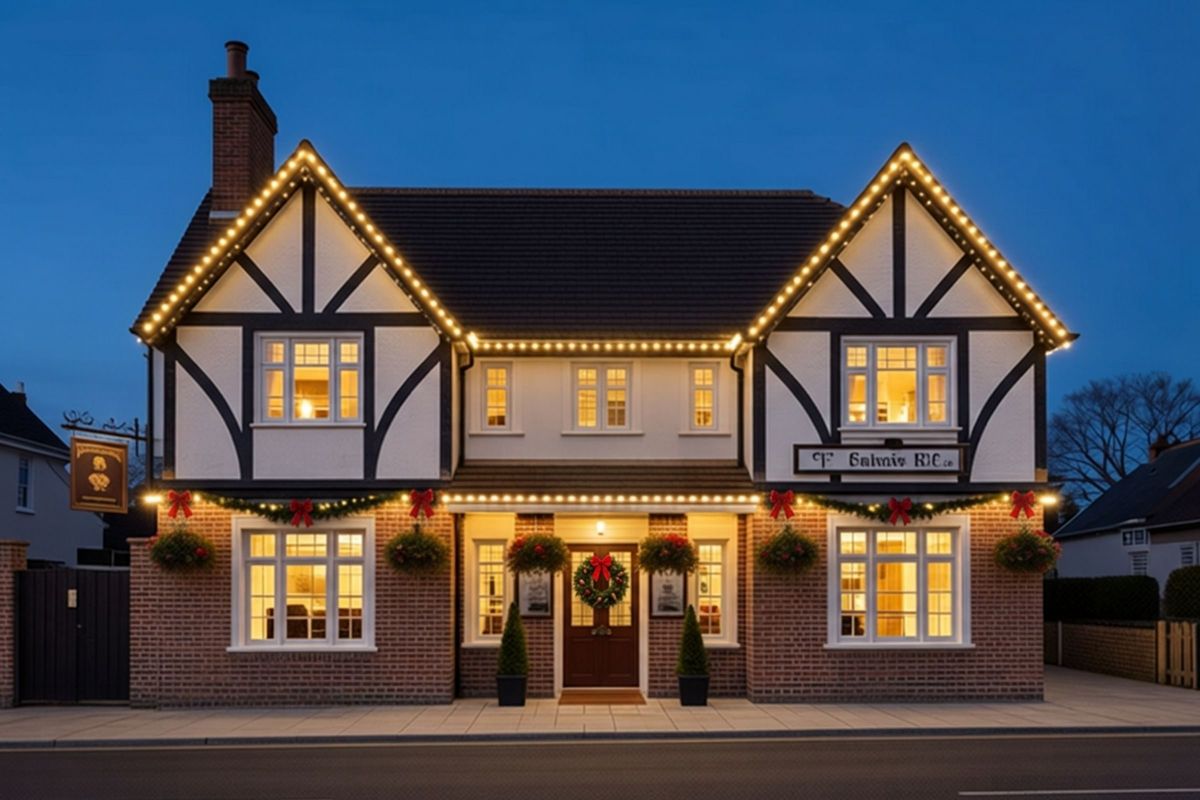 A traditional pub lit with warm-white roofline lighting, garlands and wreaths at dusk